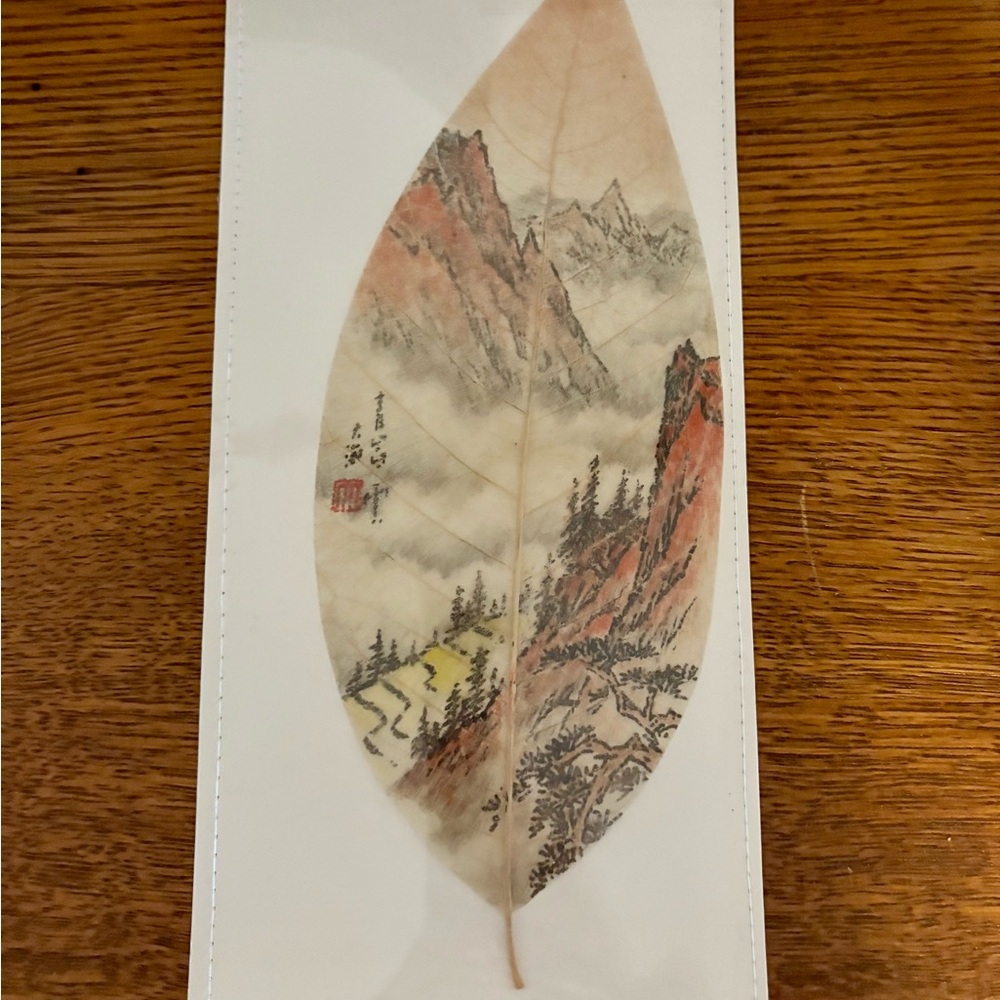 Signed Hand-Painted Leaf with Mountain Scene
